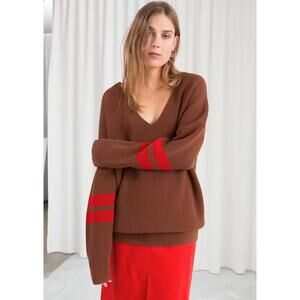 & Other Stories Striped Sleeve Sweater Oversized Brown Sporty Varsity Game Day
